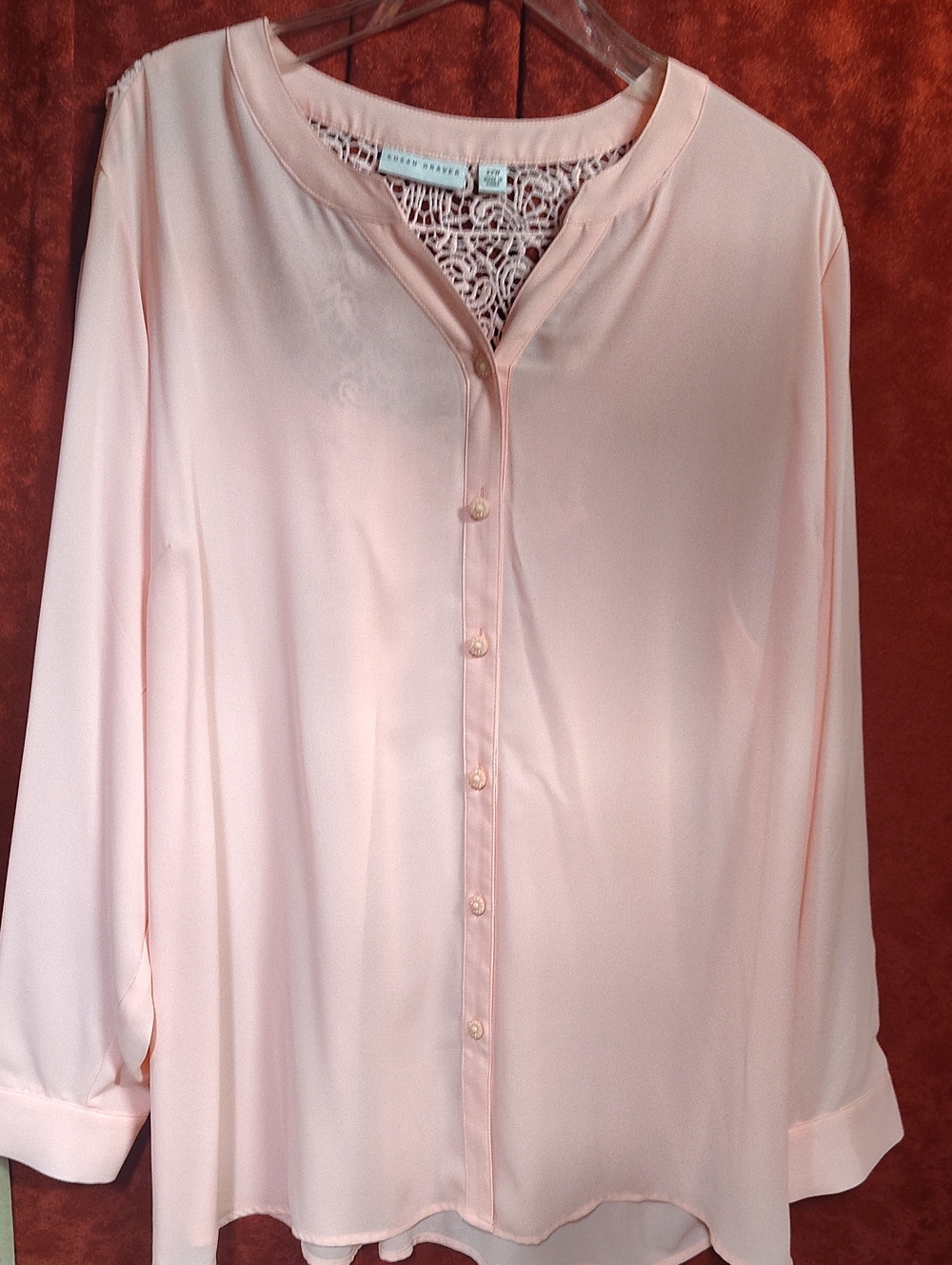 Susan Graver Blush Pink Lace Yoke Blouse